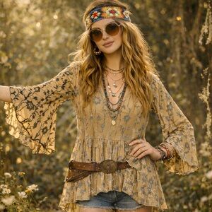 Turquoise Haven Boho Chic Fairycore Velvet Floral Bell Sleeve Burnout Blouse 1X